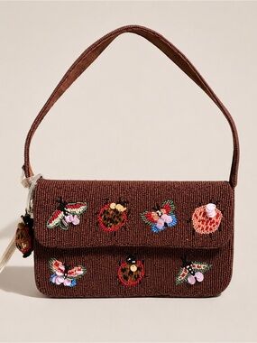 Viral Insect Bug Ladybug Butterfly Brown Beaded Shoulder Bag NWT